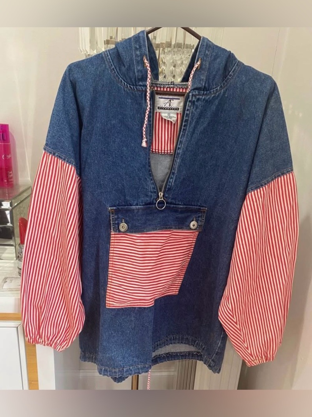 Vintage 90s Retro Denim Pullover Hoodie with Red & White Striped Sleeves RARE